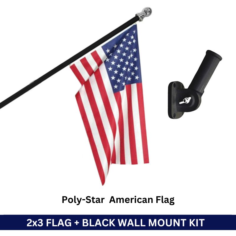 2x3 Poly-Star American Flag + Black No Tangle Aluminum No-Rust Pole & Wall Mount Bracket Kit