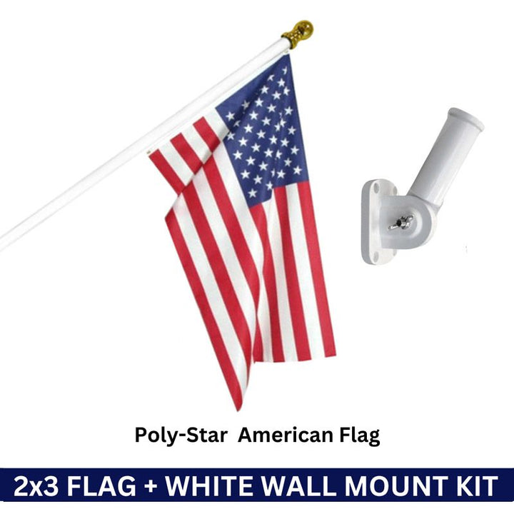 2x3 Poly-Star American Flag + White No Tangle Aluminum No-Rust Pole & Wall Mount Bracket Kit