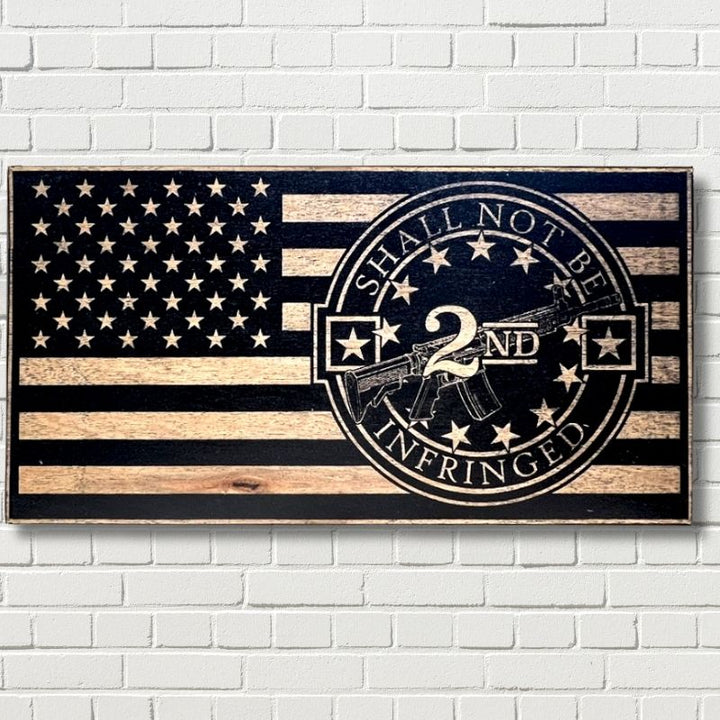 2nd Amendment Crest Engraved Wooden Flag