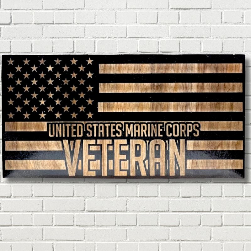 Marine Corps Veteran Laser Engraved Wooden American Flag