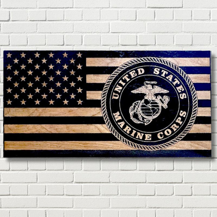 Marine Corps Crest Laser Engraved Wooden American Flag