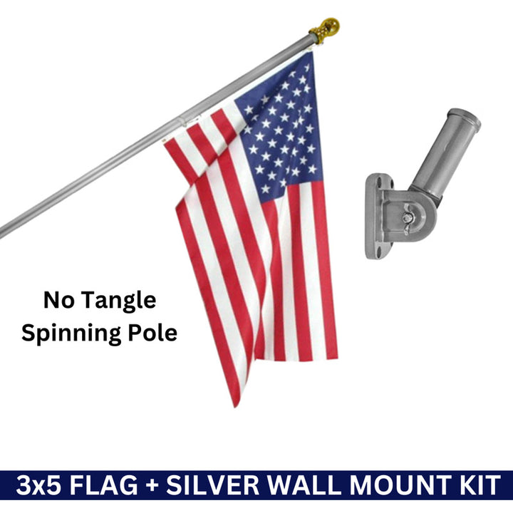 3x5 Dura-Star Embroidered American Flag + Silver No Tangle Aluminum No Rust Pole & Wall Mount Bracket Kit