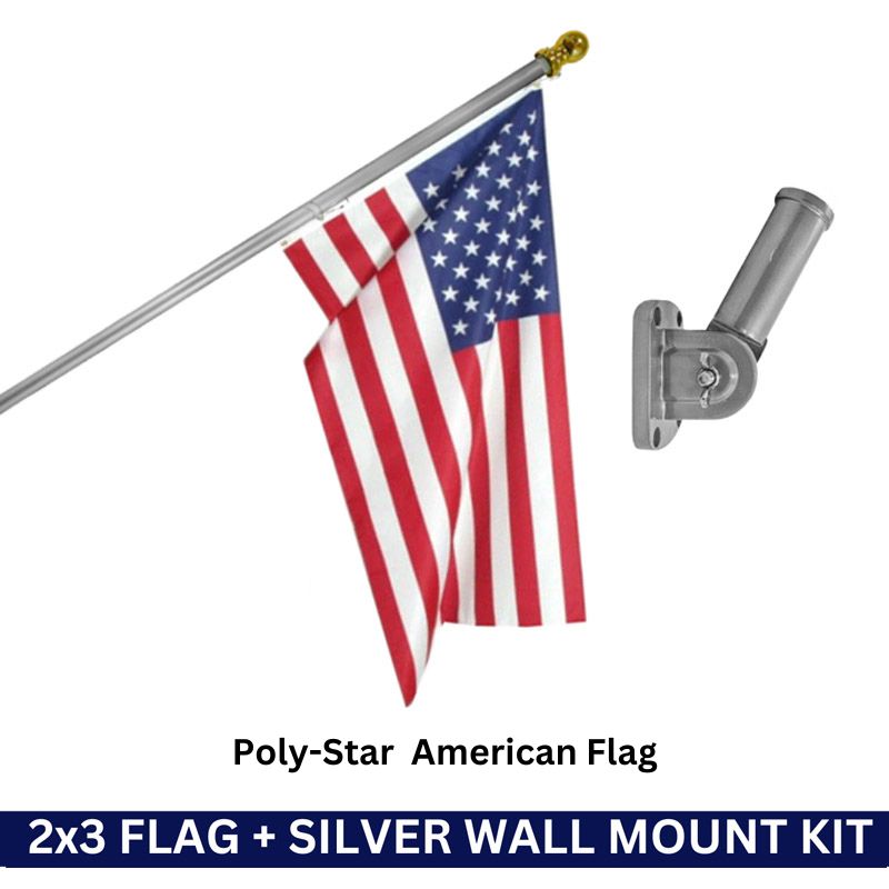 2x3 Poly-Star American Flag + Silver No Tangle Aluminum No-Rust Pole & Wall Mount Bracket Kit 