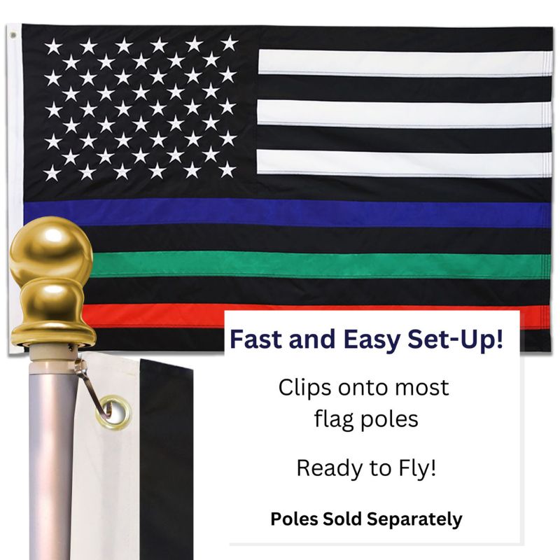 Dura-Star Thin Blue, Green and Red Line Embroidered American Flag and Flagpole Kit