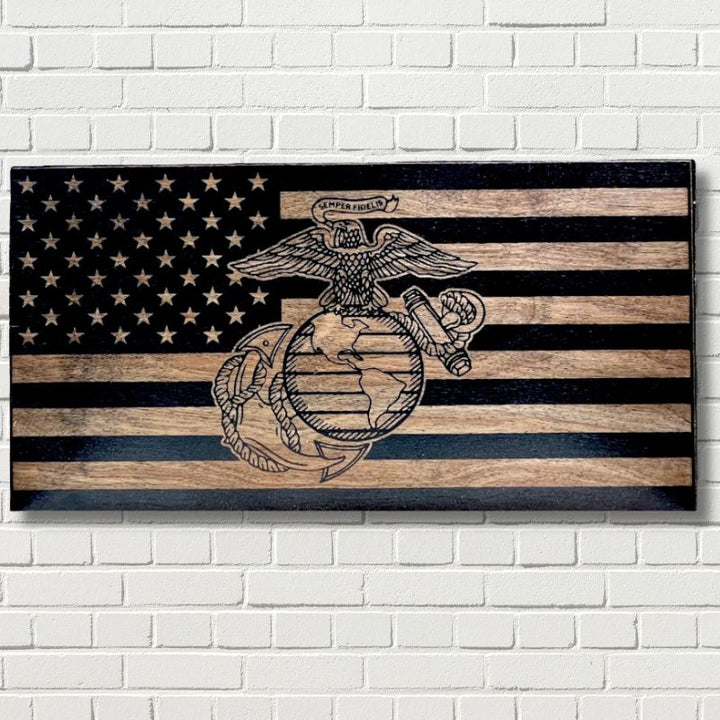 Marine Corps Eagle Globe and Anchor Laser Engraved Wooden American Flag