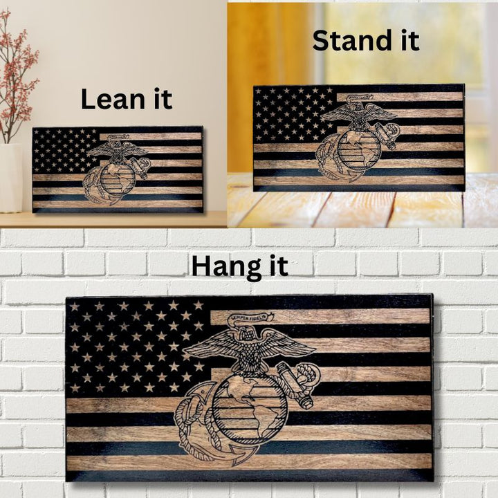 Ways to Display Marine Corps Eagle Globe and Anchor Laser Engraved Wooden American Flag