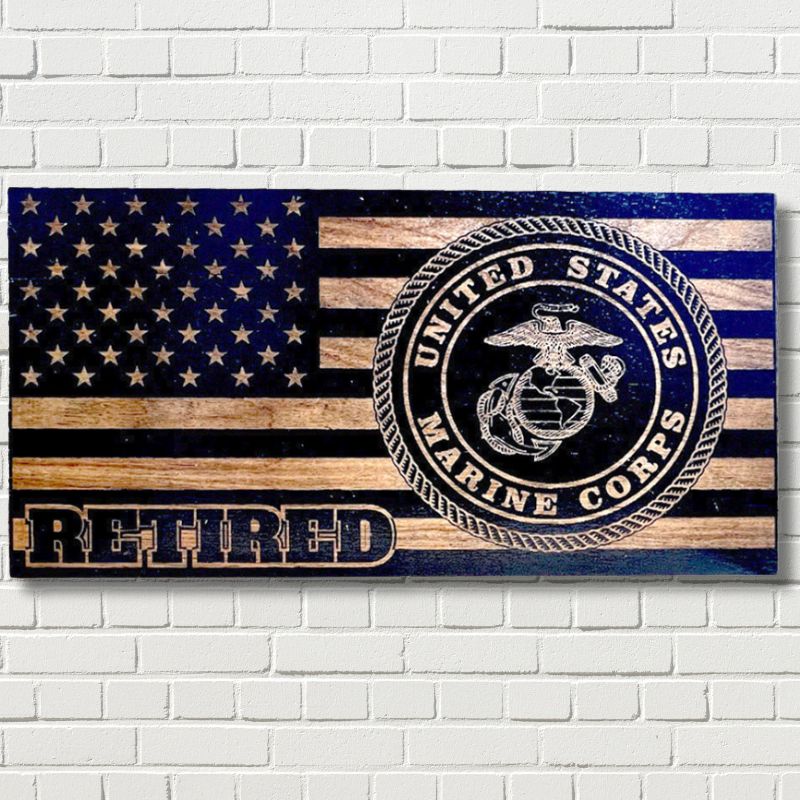 Marine Corps Retired Laser Engraved Wooden American Flag