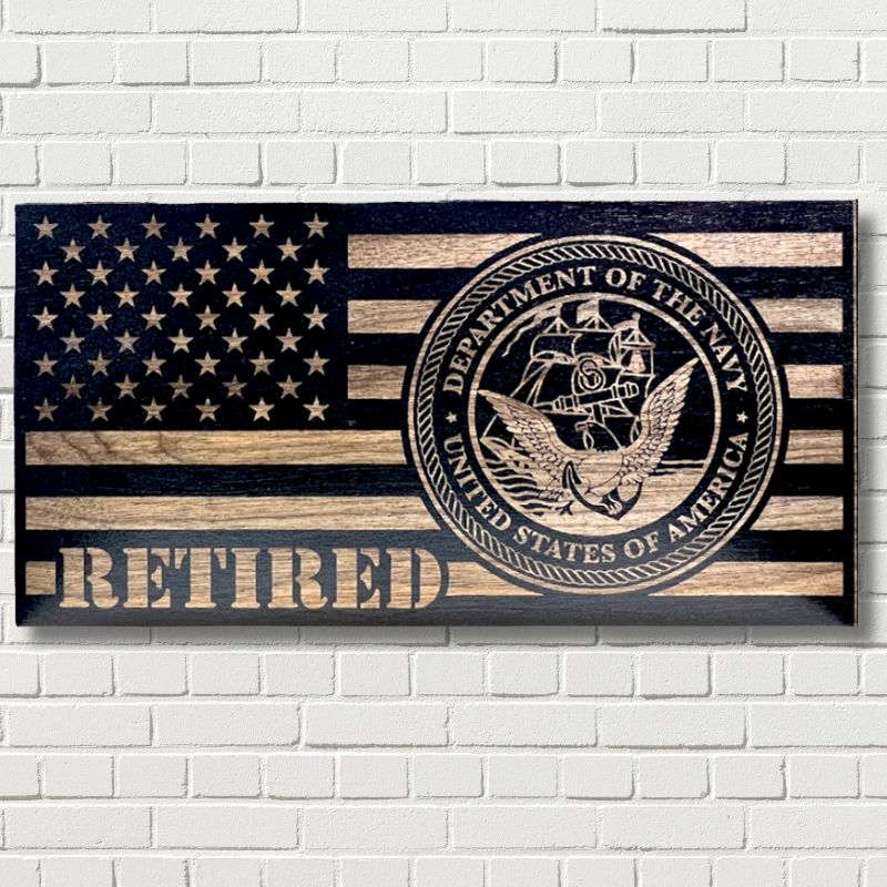 Navy Retired Laser Engraved Wooden American Flag