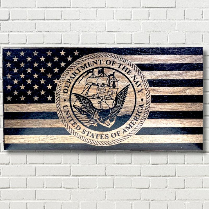 Navy Crest Laser Laser Engraved Wooden American Flag