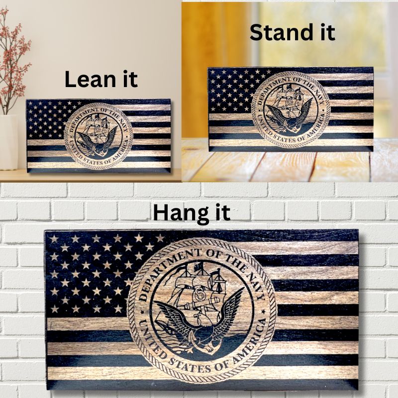 Ways to Display Navy Crest Laser Laser Engraved Wooden American Flag