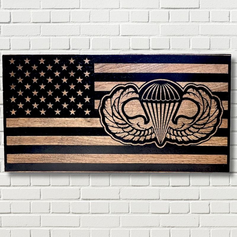 Army Airborne Jump Wings Laser Engraved Wooden Flag