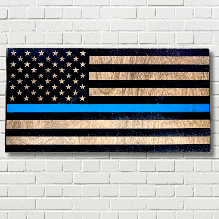 Thin Blue Line American Flag Engraved Wooden American Flag