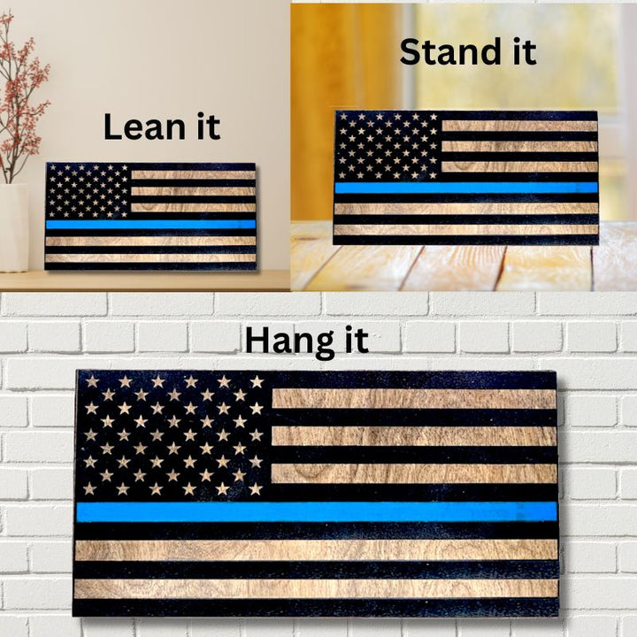 Ways to Display Thin Blue Line American Flag Engraved Wooden Flag