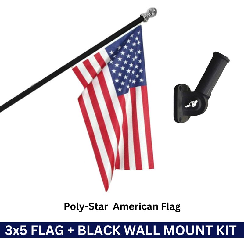 3x5 Poly-Star American Flag + Black No Tangle Aluminum No-Rust Pole & Wall Mount Bracket Kit