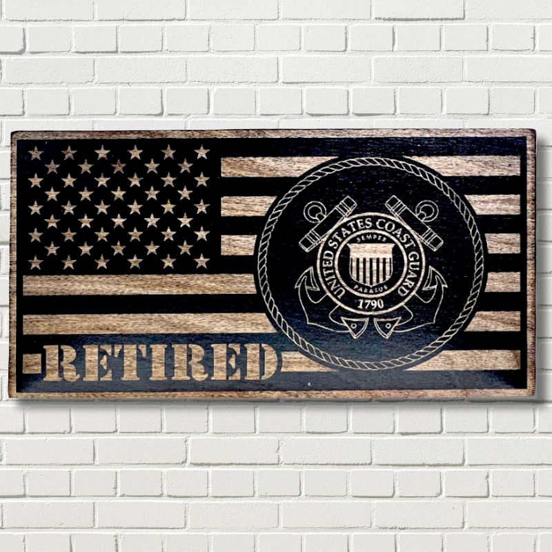 Coast Guard Retired Laser Engraved Wooden Flag