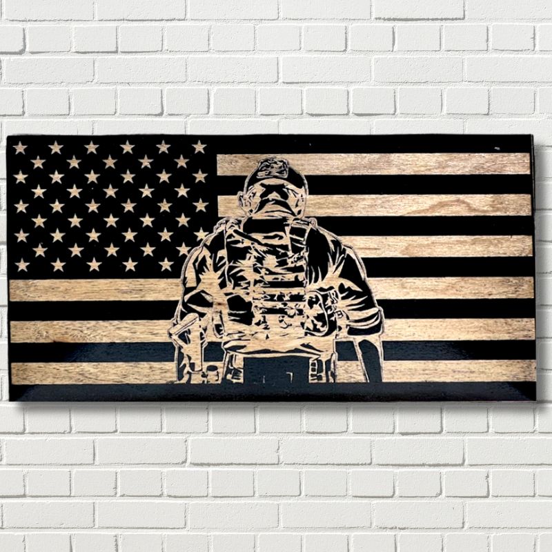 Soldier Silhouette Laser Engraved Wooden American Flag