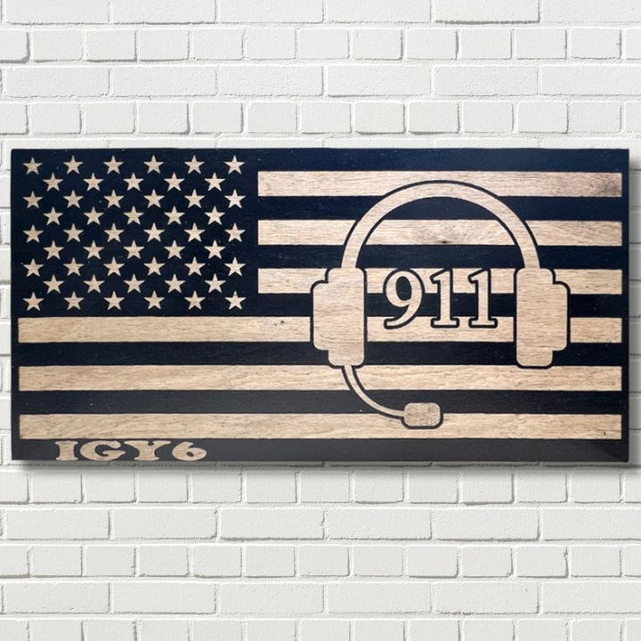 911 Laser Engraved Wooden Flag