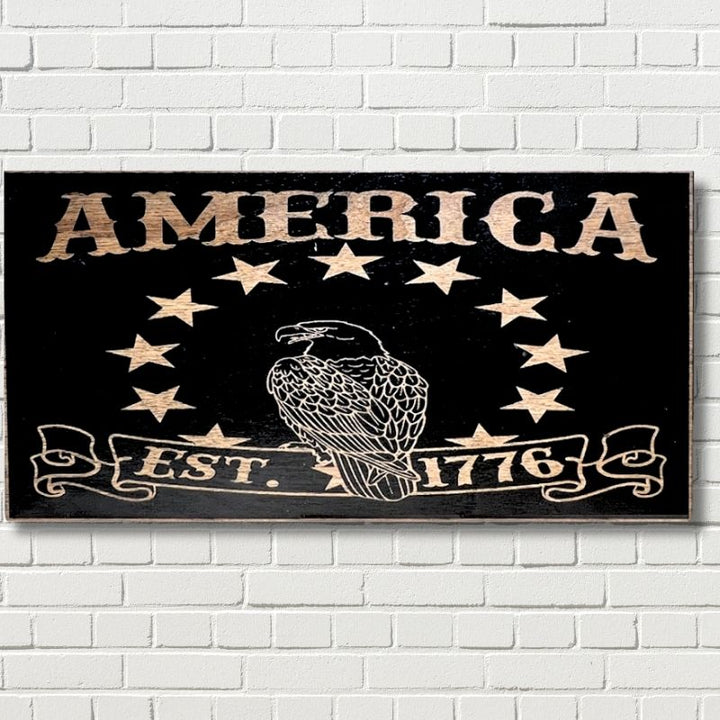 America 1776  Laser Engraved Wooden Flag