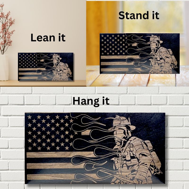 Ways to Display Fireflghter Split Flames Laser Engraved Wooden Flag