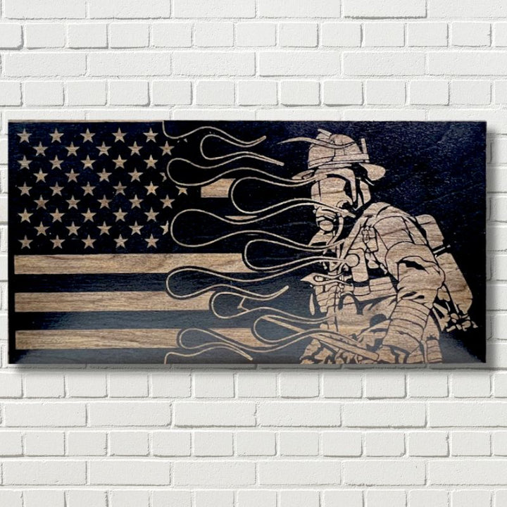 Fireflghter Split Flames Laser Engraved Wooden Flag