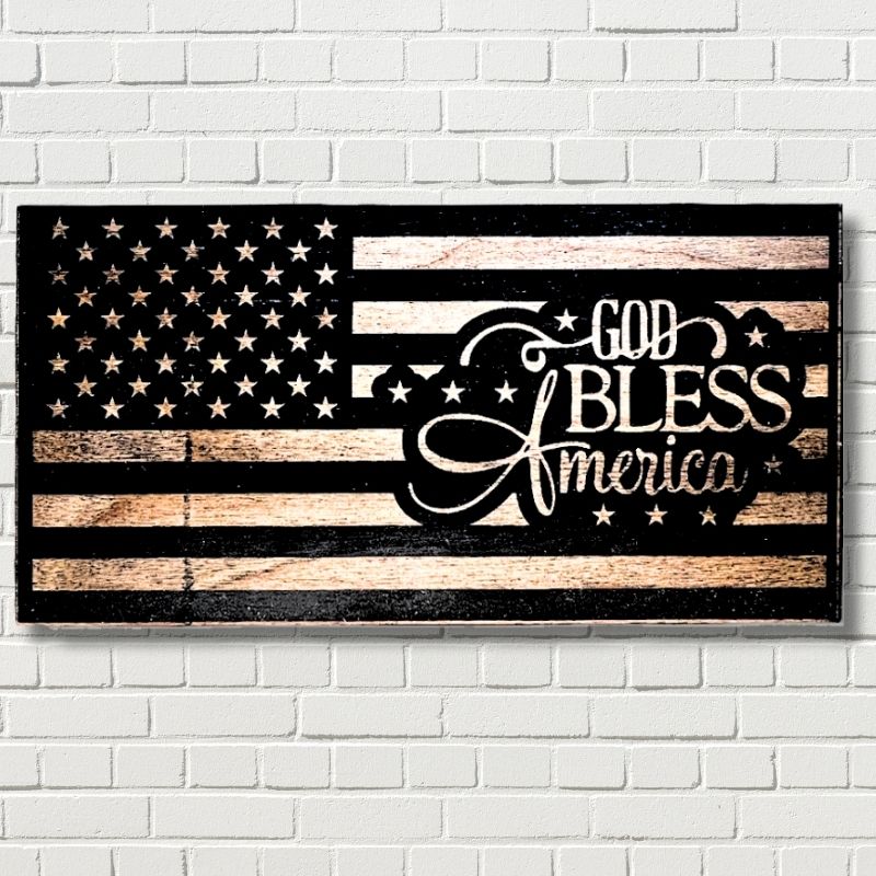 God Bless America Laser Engraved Wooden American Flag