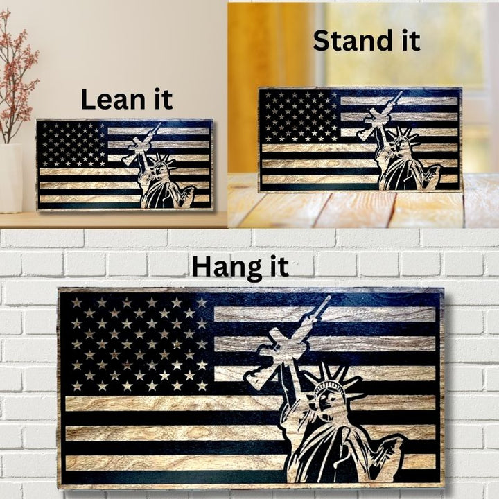 Ways to Display Lady Liberty 2nd Amendment Laser Engraved Wooden American Flag