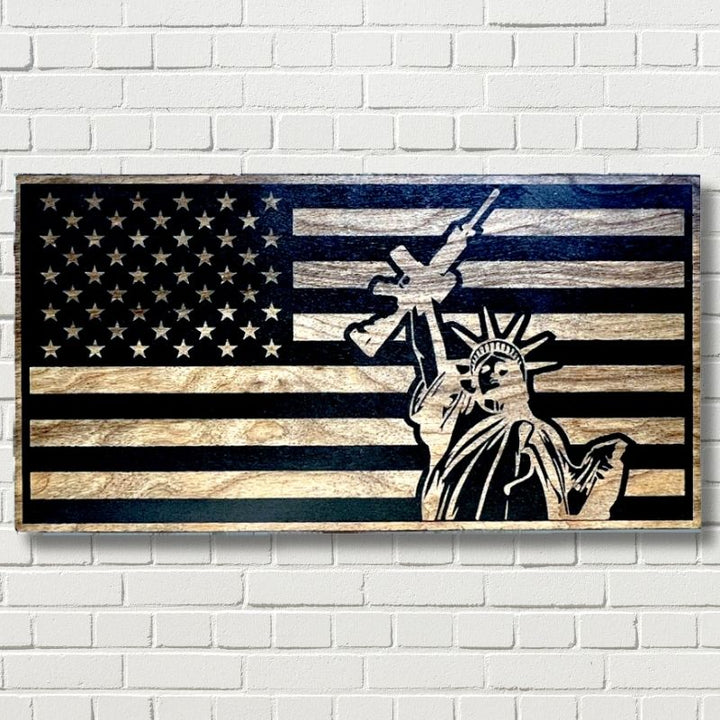 Lady Liberty 2nd Amendment Laser Engraved Wooden American Flag