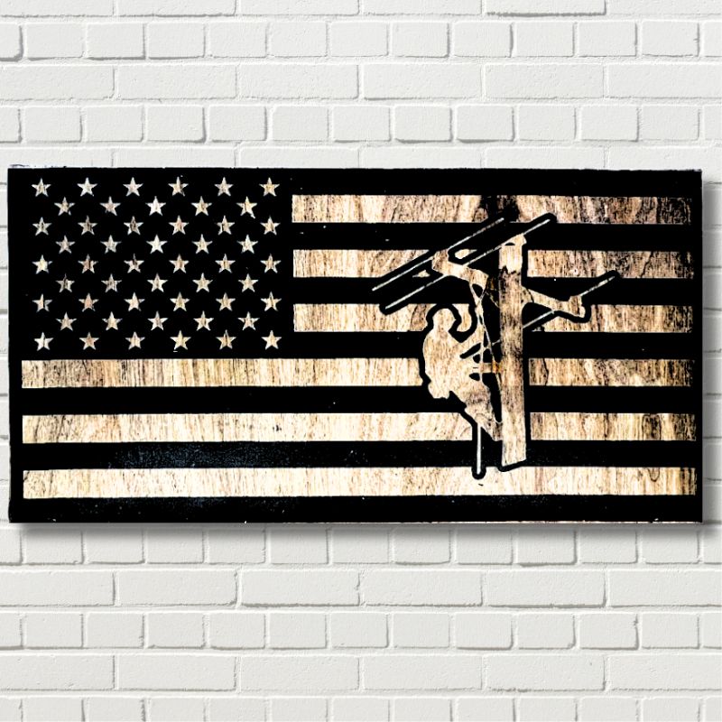 Lineman Engraved Wooden American Flag