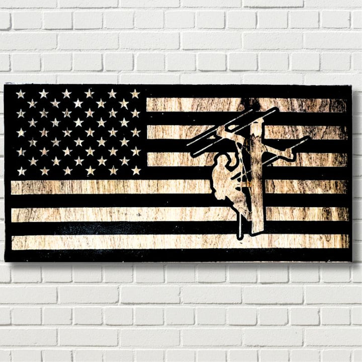 Lineman Engraved Wooden American Flag