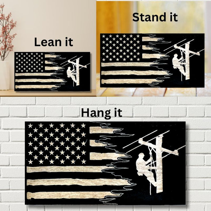 Ways to Display Lineman Split Engraved Wooden American Flag