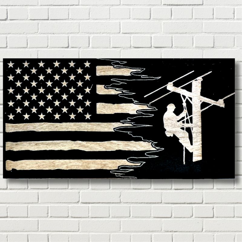 Lineman Split Engraved Wooden American Flag