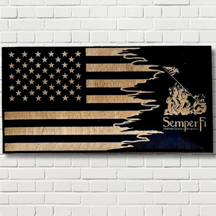 Marine Corps Semper Fi Laser Engraved Wooden American Flag