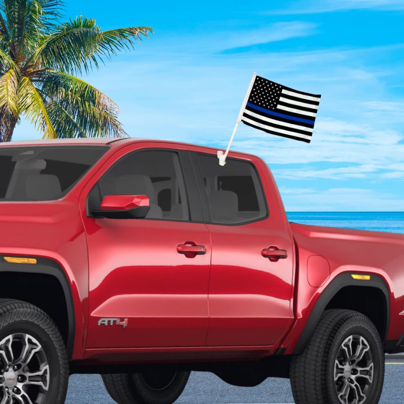 Thin Blue Line Double-Sided Car Flag on Truck