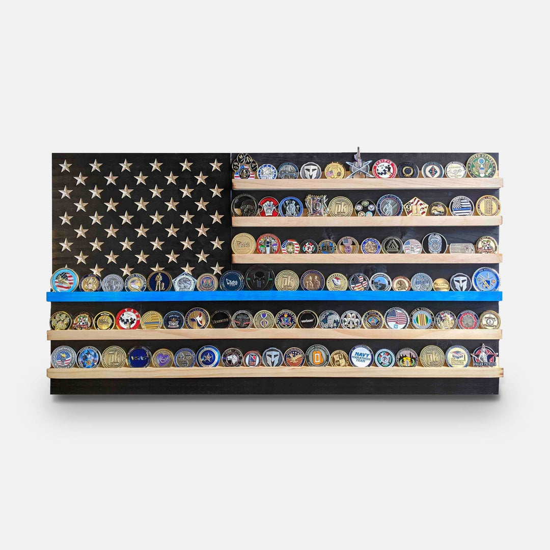 Thin Blue Line Coin Holder Wooden American Flag