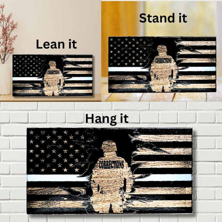 Ways to Dispay Corrections Thin Gray Line Laser Engraved Wooden Flag