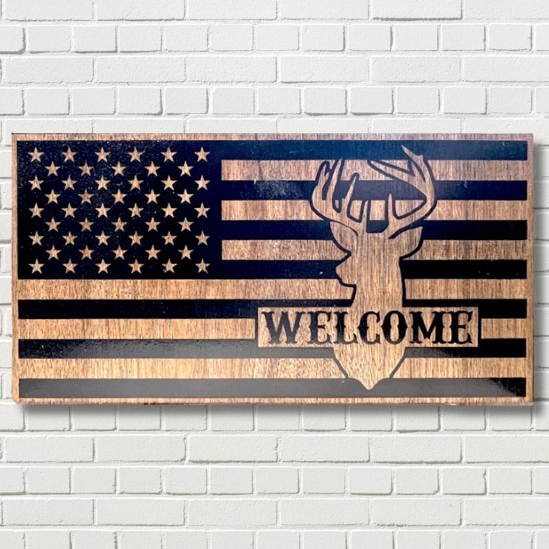 Deer Welcome Laser Engraved Wooden Flag