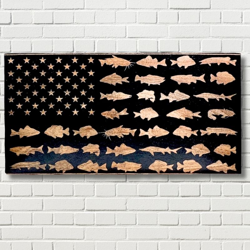 Fish with Stars American Flag Laser Engraved Wooden Flag