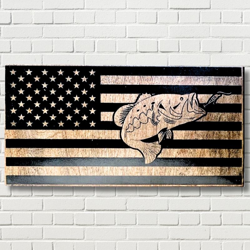 Fishing American Flag Laser Engraved Wooden Flag