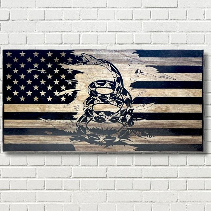 Gadsden Don't Tread on Me Laser Engraved Wooden American Flag