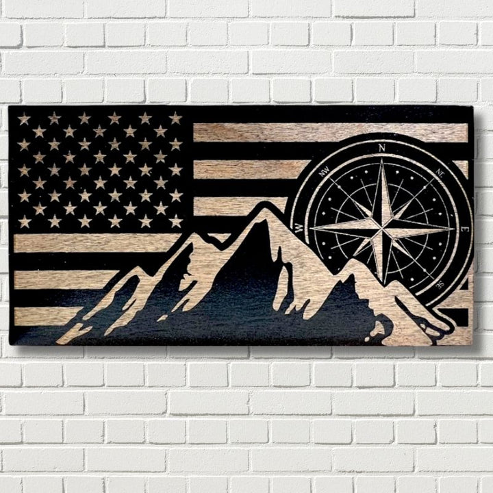 Hiking Laser Engraved Wooden American Flag