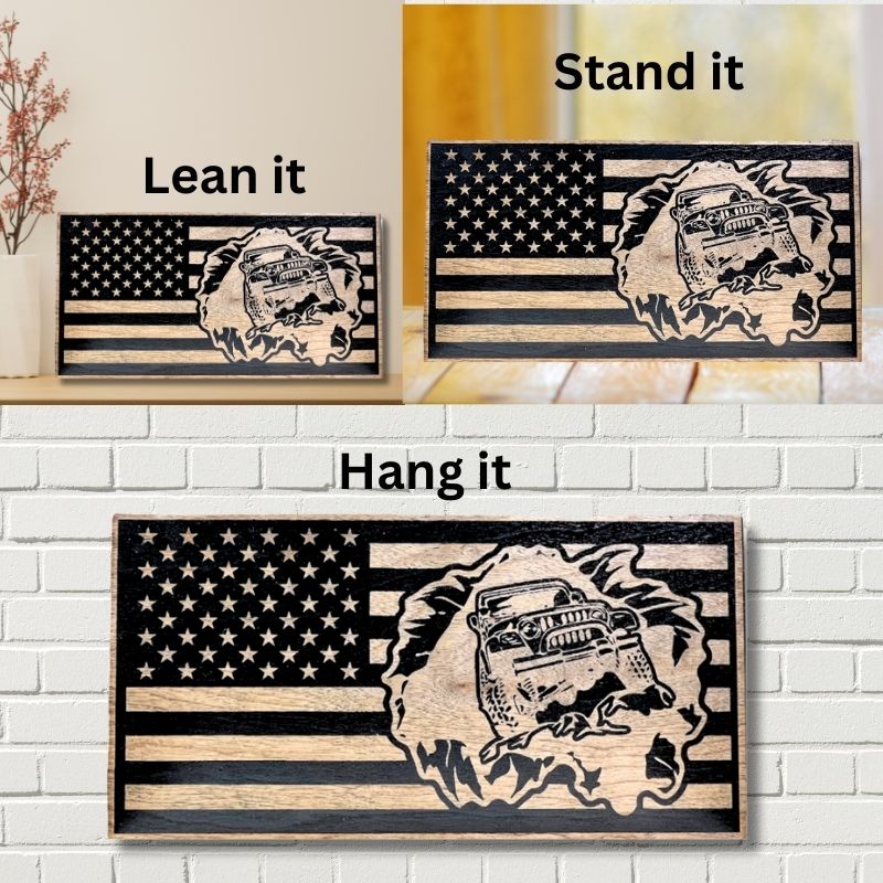 Ways to Display Jeep Off Road Laser Engraved Wooden American Flag