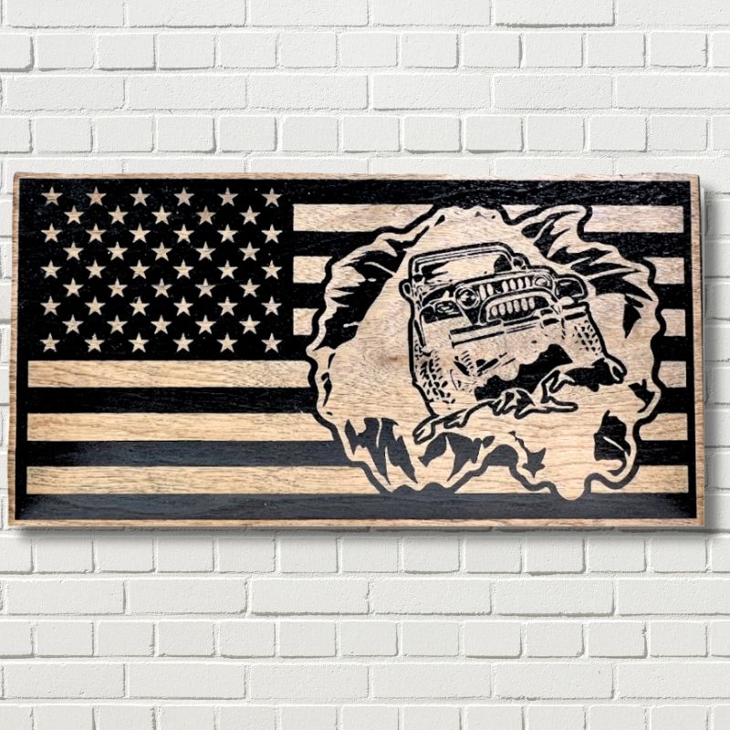 Jeep Off Road Laser Engraved Wooden American Flag