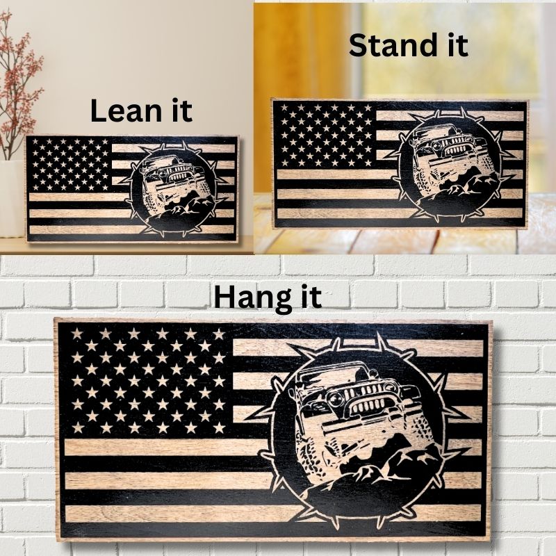 Ways to Display Jeep Rock Climbing Laser Engraved Wooden American Flag