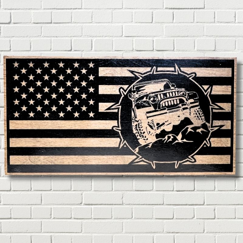 Jeep Rock Climbing Laser Engraved Wooden American Flag