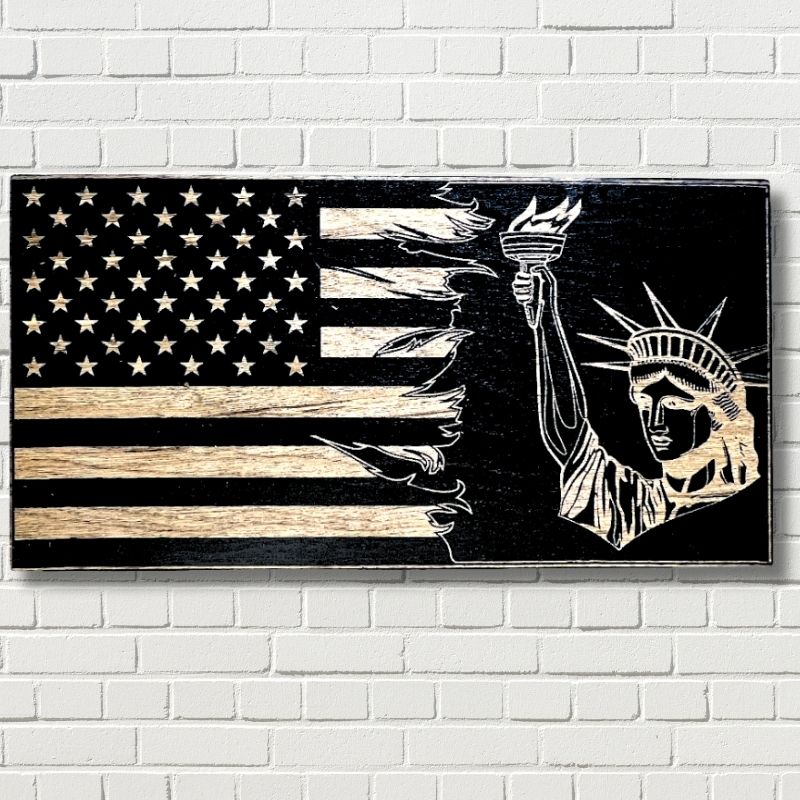 Lady Liberty Laser Engraved Wooden American Flag