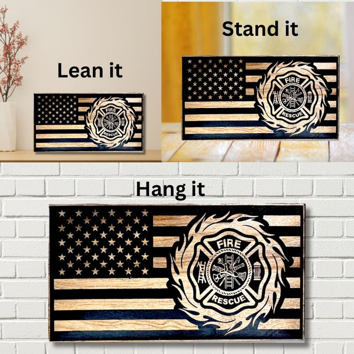 Ways to Display Maltese Fire Wheel Laser Engraved Wooden American Flag