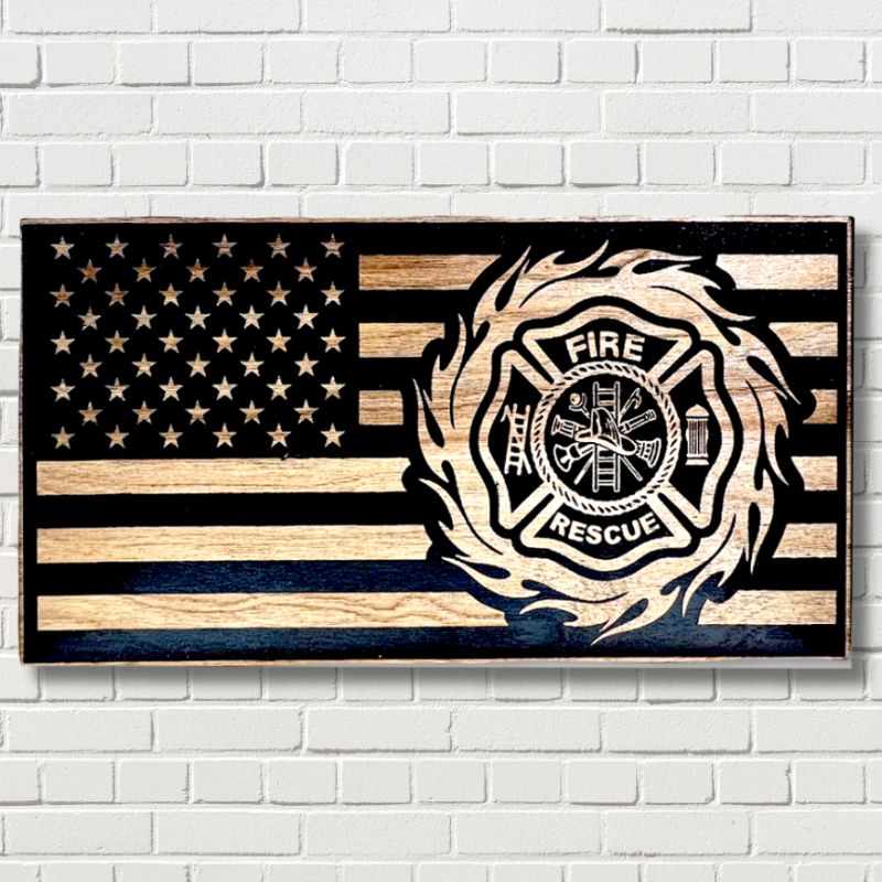 Maltese Fire Wheel Laser Engraved Wooden American Flag