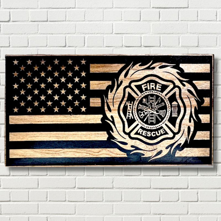 Maltese Fire Wheel Laser Engraved Wooden American Flag