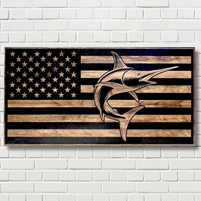 Marlin Laser Engraved Wooden American Flag