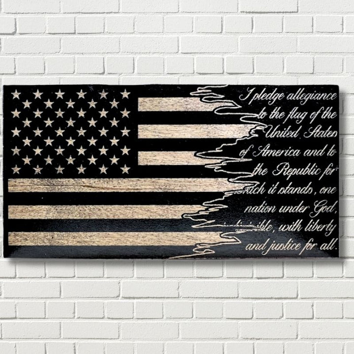 Pledge of Allegience Engraved Wooden American Flag